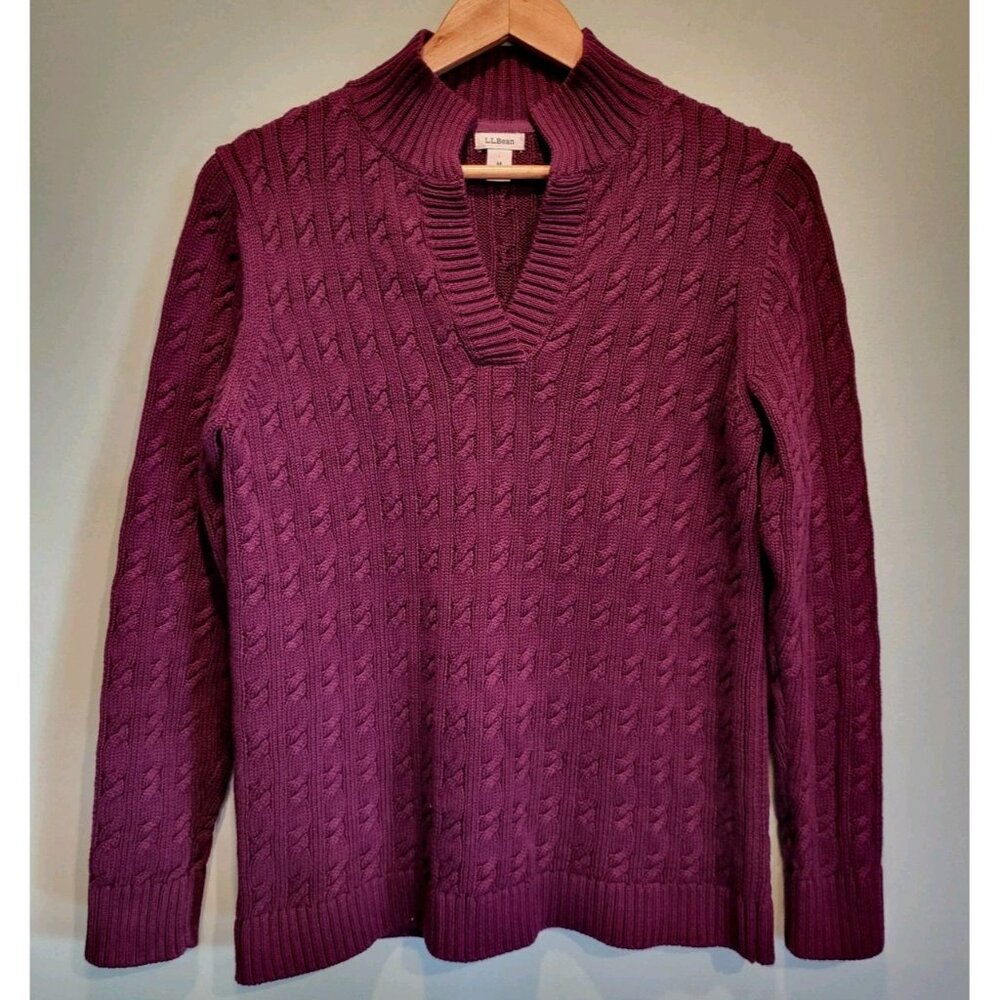 LL Bean Womens Purple Cableknit V Neck Sweater Sz M